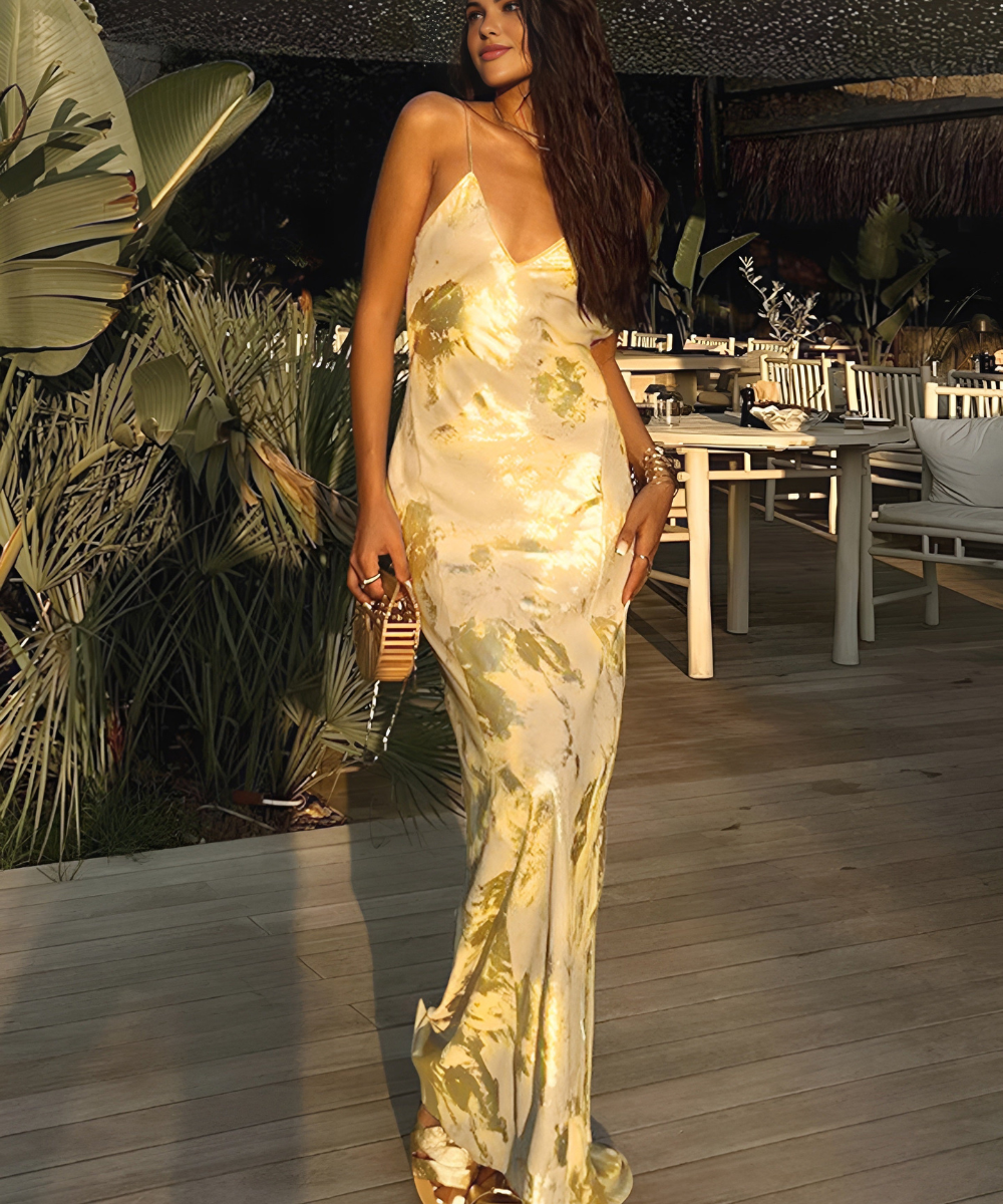 Metallic Print V-Hals Rugloze Lange jurk