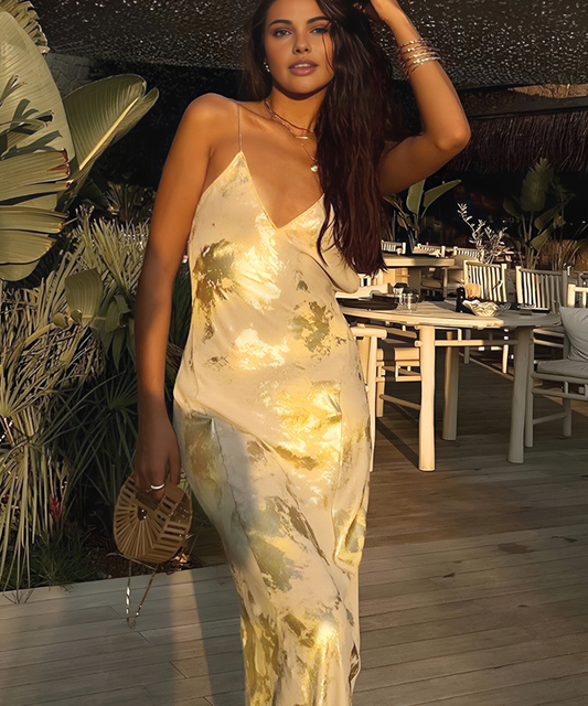 Metallic Print V-Hals Rugloze Lange jurk